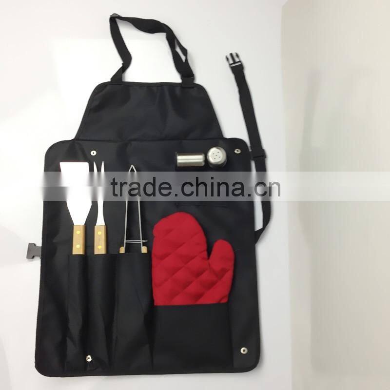 Cheap Stainless Steel 7pcs BBQ Grill tool set Wooden handle with apron bag