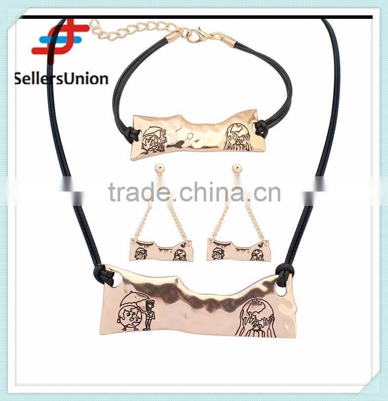 No.1 yiwu exporting commission agent wanted fancy designed necklace and bracelet and earrings jewelery set with leather chain