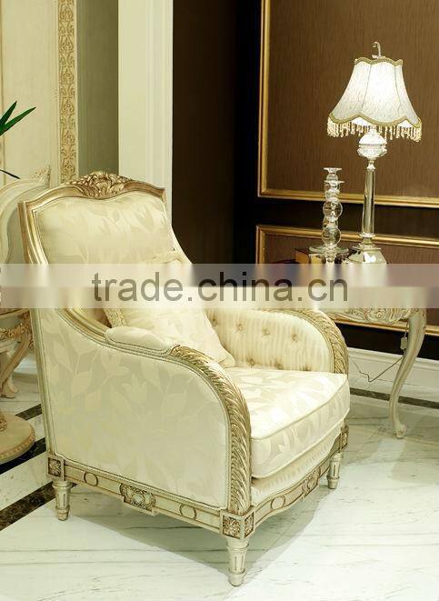 Luxury wooden hand carved one seat white leather sofa