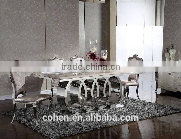 modern luxury polishing stainless steel dining table and chairs set with marble top furniture