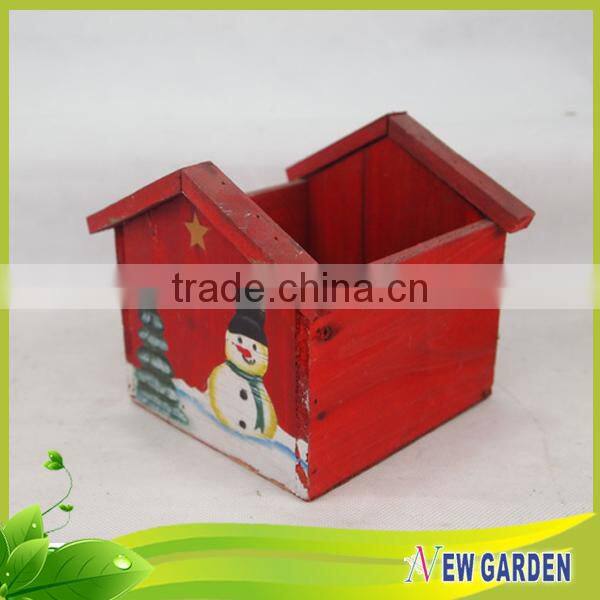 Outdoor Decorative Wooden House Shape Printing Snowman Flower Pot