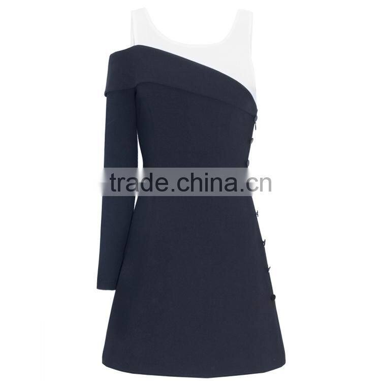 HAODUOYI Contrast Colour Fake Two-Piece Style Women Dress Side-buttoned O-neck One Sleeve Lady A-line for Wholesale
