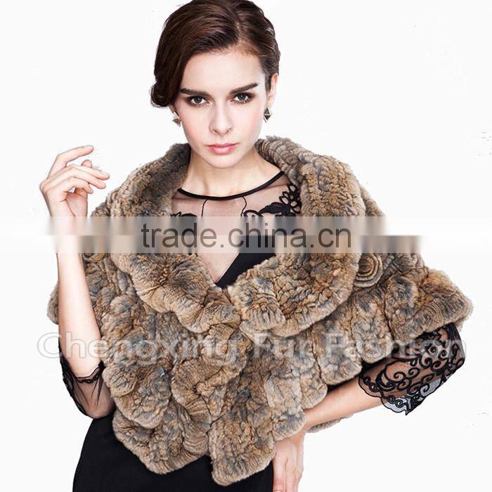 CX-B-21E 2016 New Knitted Genuine Rex Fur Shawls Rabbit Fur Poncho