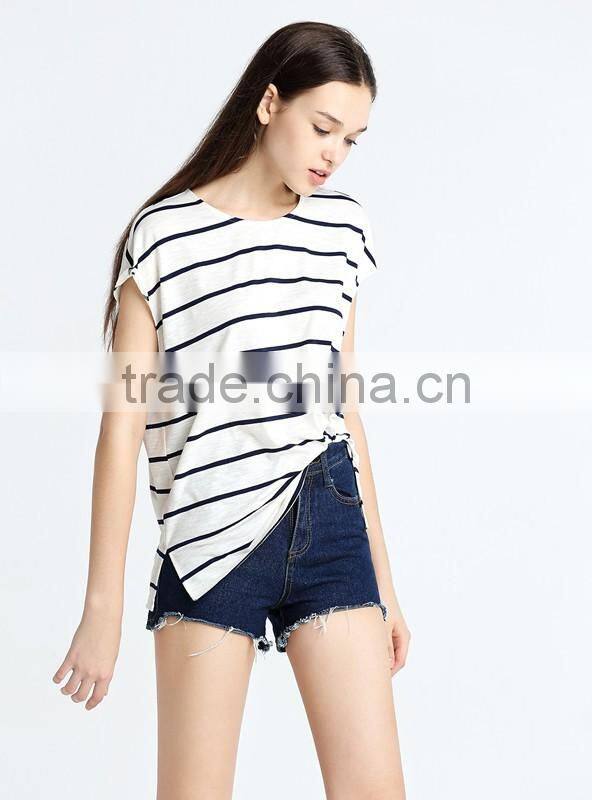 European American style leisure loose knitting minimalism round collar short sleeve stripe T-shirt
