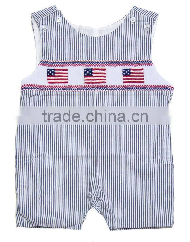 Baby Boy Royal Black Gingham Smocked American Flags Shortall