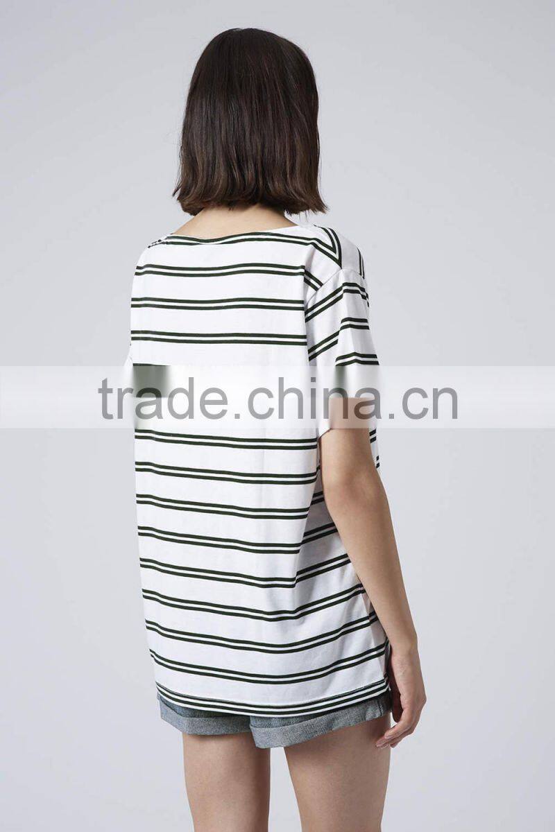 Cheap double stripe short sleeves maternity t-shirt wear with front pocket