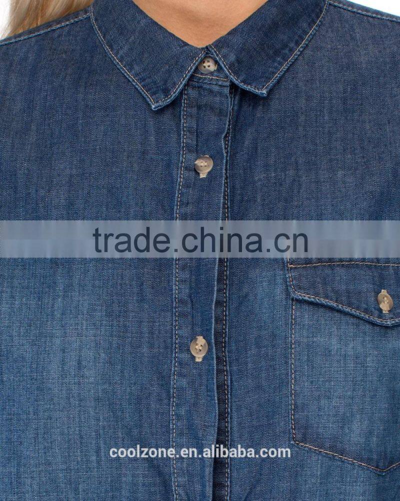 Contrast topstitch relaxed fit denim shirt women chest pocket denim shirt