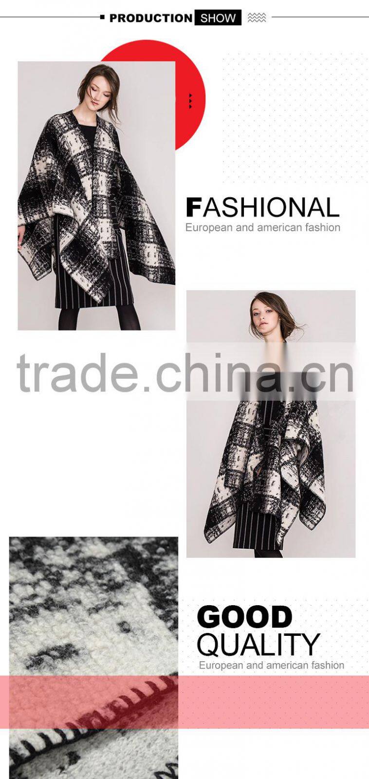 ladies cashmere cotton knitted plaid poncho with high quality