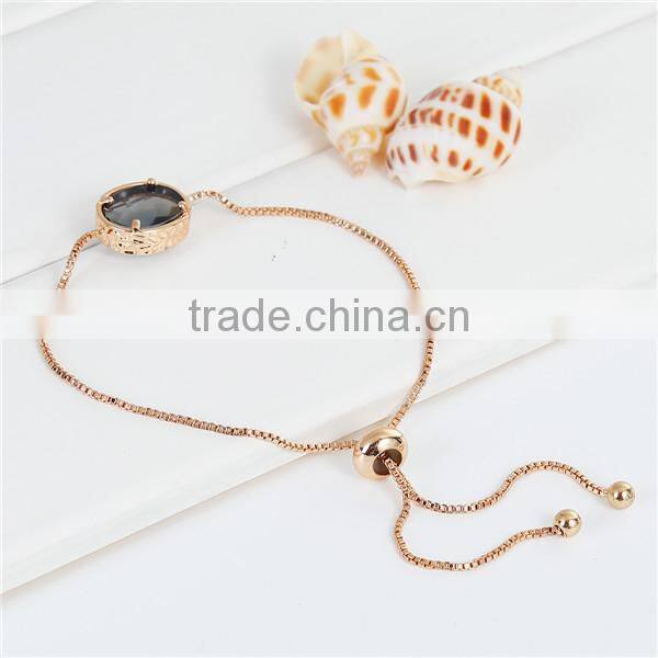 Copper Adjustable Slider/ Slide Bracelet Gold Plated Oval Black Rhinestone 26cm long