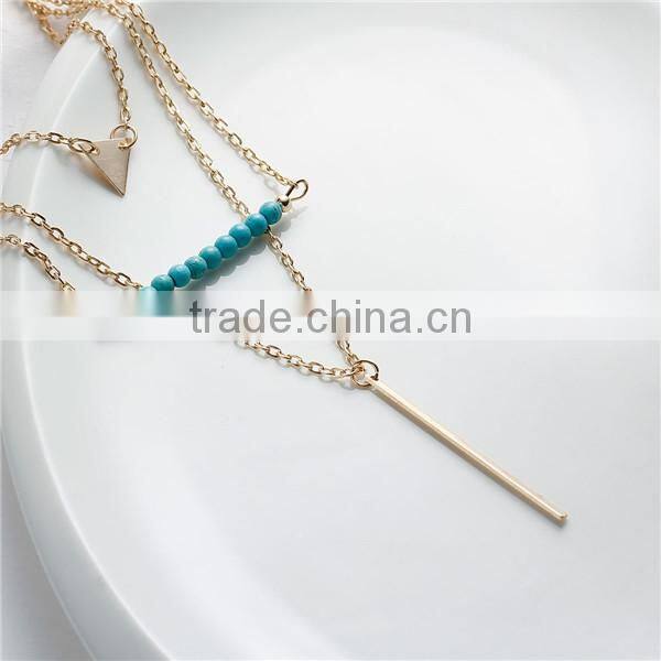 New Fashion Multilayer Layered Necklace Gold Plated With Triangle Rectangle Pendants Green Blue Beads 43.5cm long