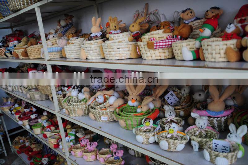 long ears plush rabbit toys with basket made by paper string for easter