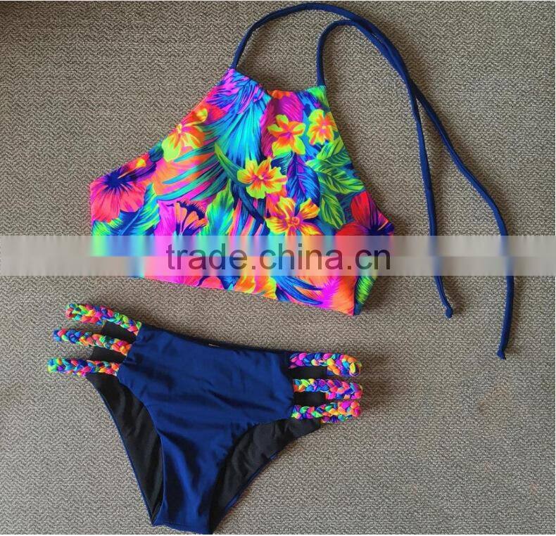 white lace halter printed swimwear bikini/yzh fancy bikini swimwear/ fancy bikini set swimwear beachwear