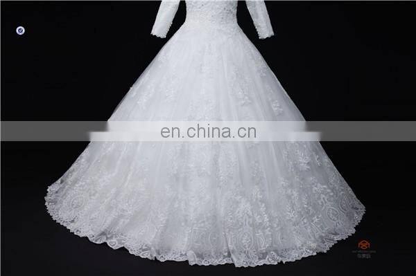 HMY-E0363 Scoop Neckline Heavily Appliqued Lace Floor Length Muslim Long Sleeve Wedding Gown 2016