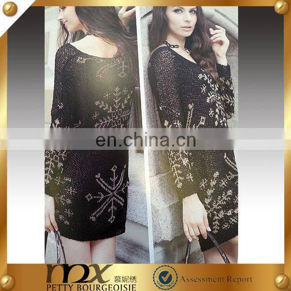 Women autumn knitted crewneck snowflake long sweater