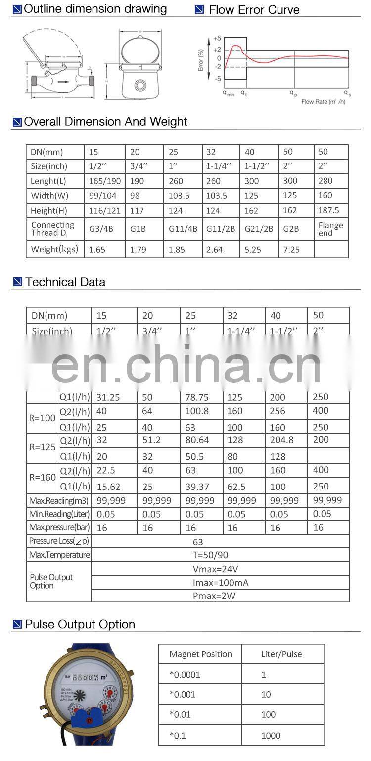 DN 15 multi-jet dry Vertical brass B pulse output water meter