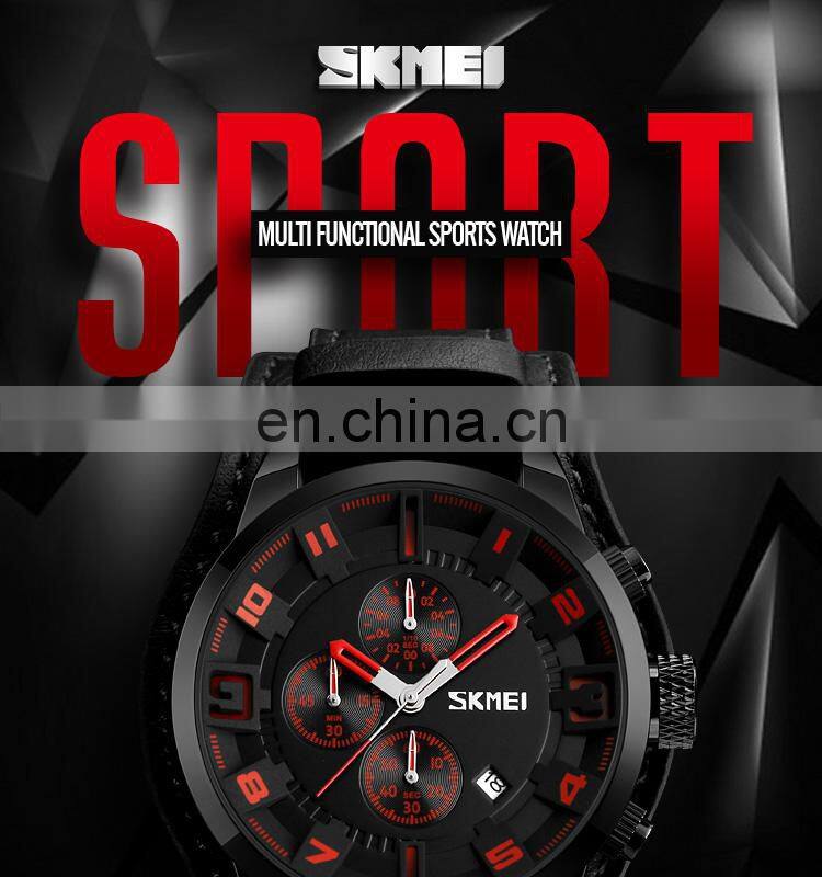 Custom SKMEI 9165 Water Resistant Leather Band Quartz Watches Men Wrist