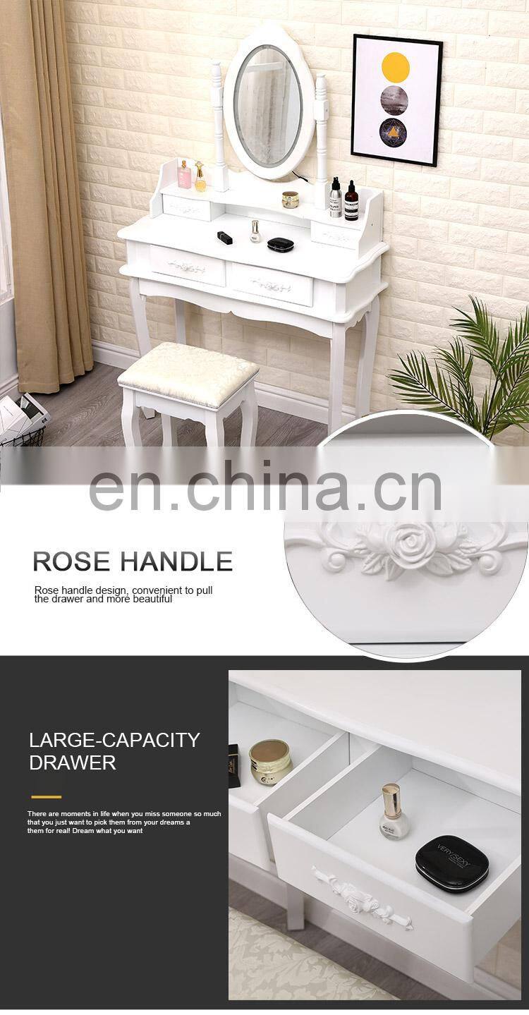 White 4 drawers touch dimmer led mirror dressing table with lighted mirror