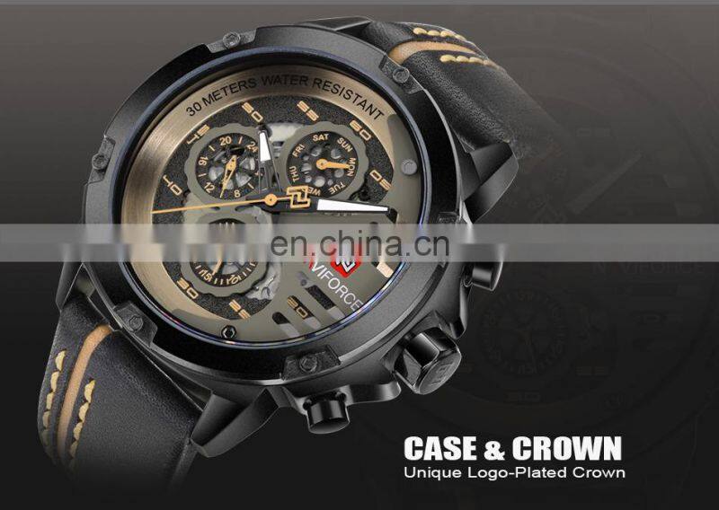 Naviforce 9110 Japan Quartz Movt Custom Logo Watch Leather Complete Calendar Wristwatches Naviforce Watches For Men