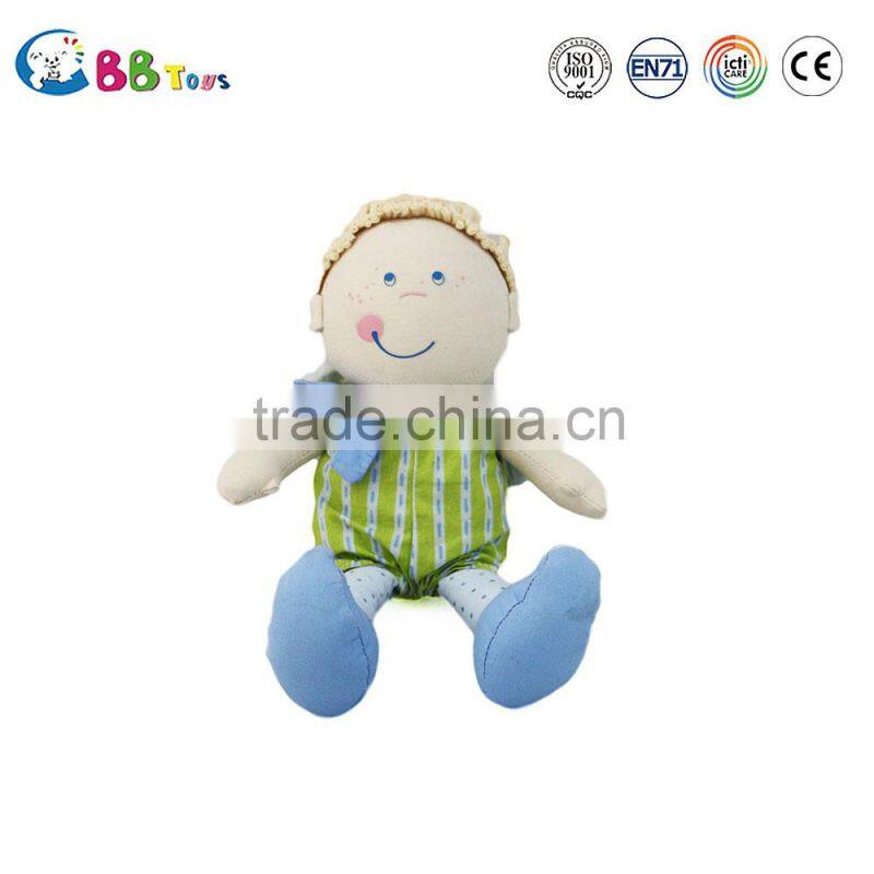 2015 custom and factory made a little boy wearing green clothes plush soft dolls toys for baby