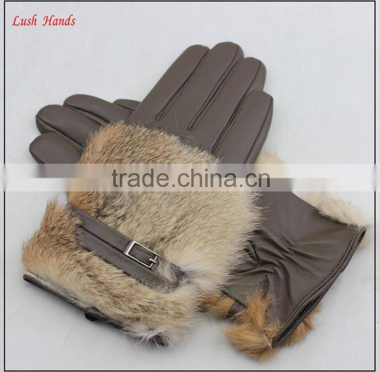 women's grey wholesale sheepskin dresses leather gloves with brown rabbit fur