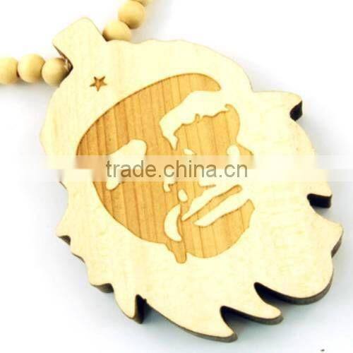 Hip Hop Face Wooden Beaded Pendant 36" Chain Necklace