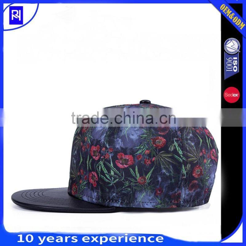 New fashion Digital printing pattern fabric 5 panel snapback hats with leather brim