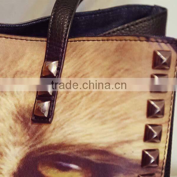 Ladies cool Tiger face printing PU shoulder bags with studded rivet