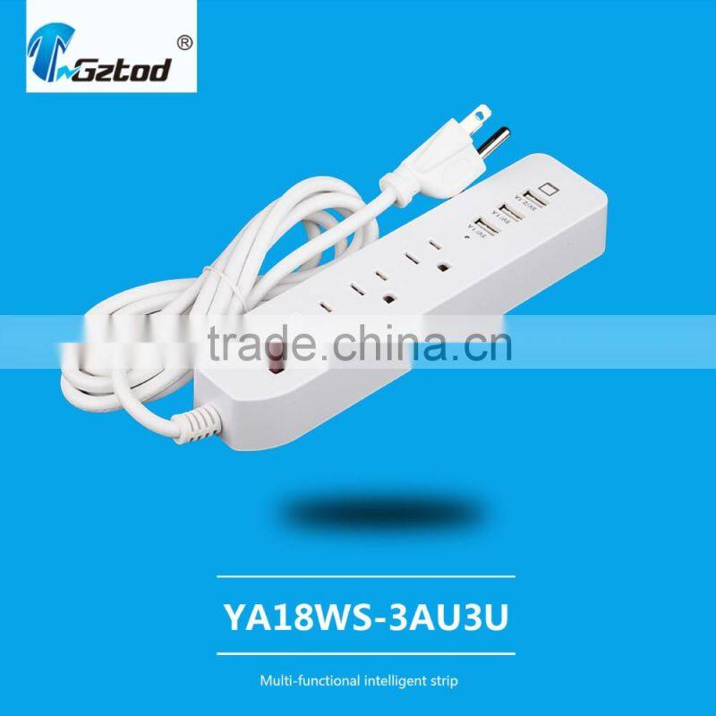 portable 3 gang socket outlet with 3 port usb output 5v 2.4a with switch 10a for USA use