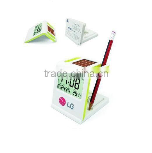 solar power digital calendar lcd clock with penholder card holder pin holder