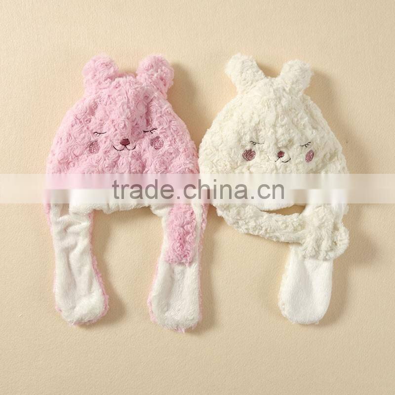 Infant rose velvet winter earflap cap baby girl knitted cartoon rabbit style hat