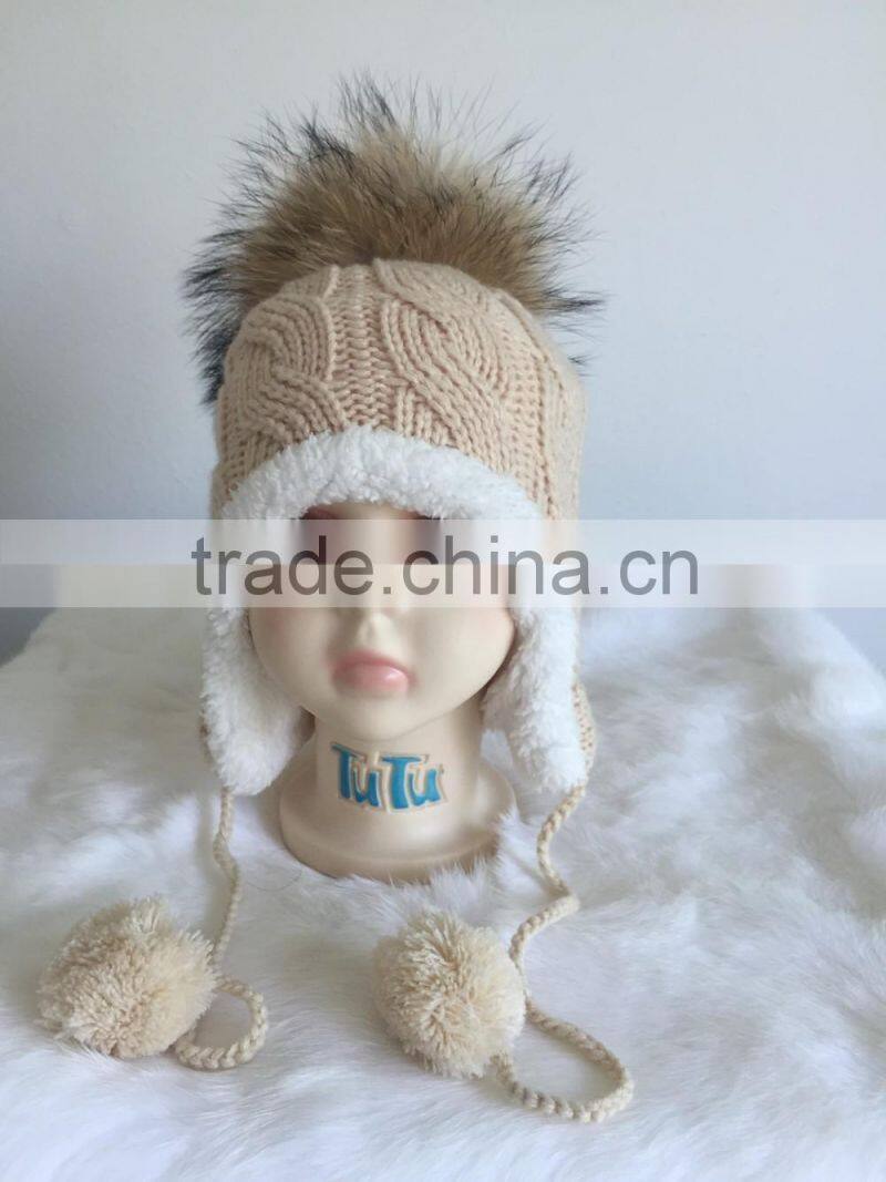 New Design Fur Pom Pom Hats Crochet Baby Hats Children Fur Bobble Hats