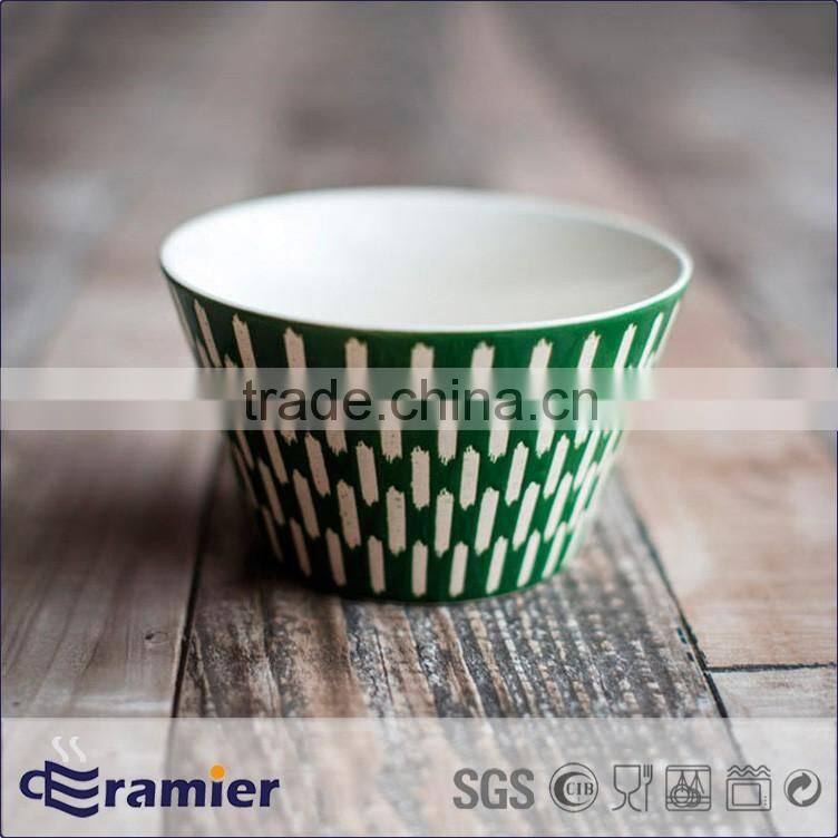 Ceramic stoneware V shape 5.5'' bowl with handprinted grids design