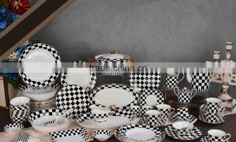 Black and white grid design 70pcs for six bone china dinnerware set