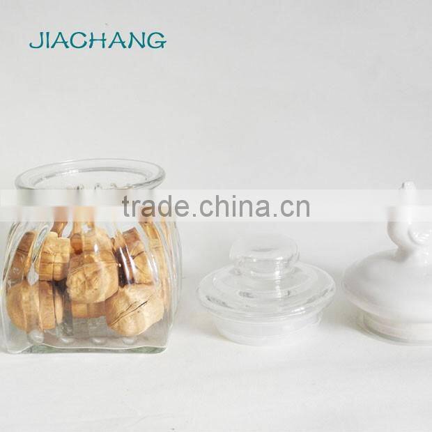 square buttom airtight glass preserve container with bird ceramic lid