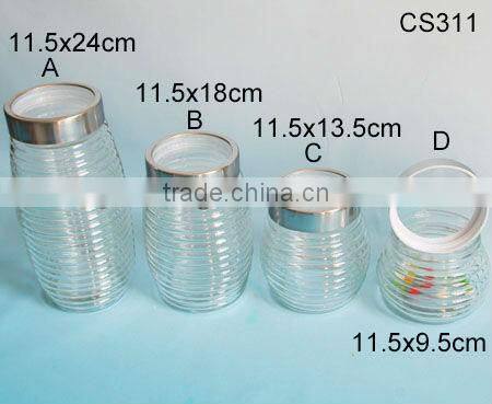big belly clear horizontal stripe cylinder glass jar with metal lid