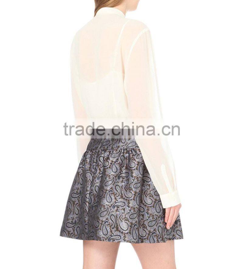 Wholesale Women Curved Hem Long Sleeves Buttoned Cuff Pleated-tie Chiffon Shirt(DQE0098T)