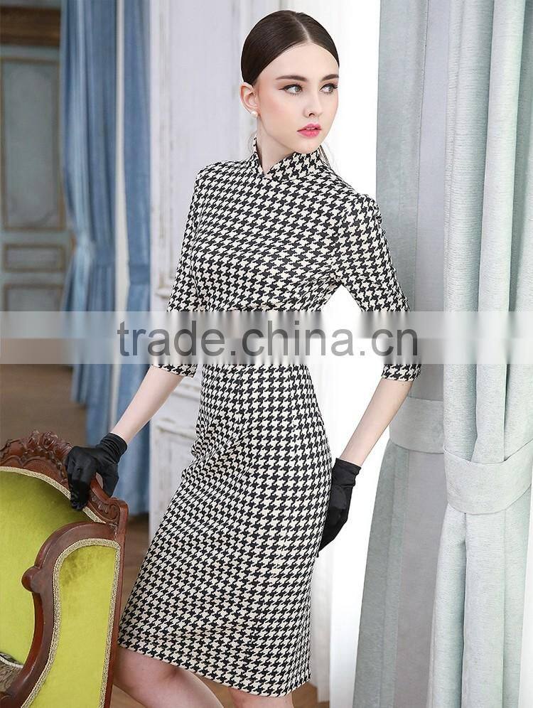 Fashion Design Ladies Houndstooth Dress Slim Fit Stand Collar Bodycon Dress