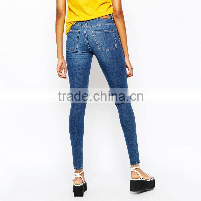 high waist blue plain skinny casual women jeans from OEM factory
