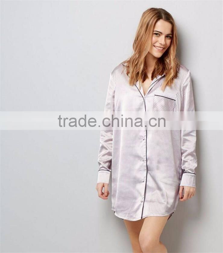 MGOO Women Stripe Satin Oversized Pyjama Boyfriend Button Up Shirt Dress Pajamas Long Sleeve