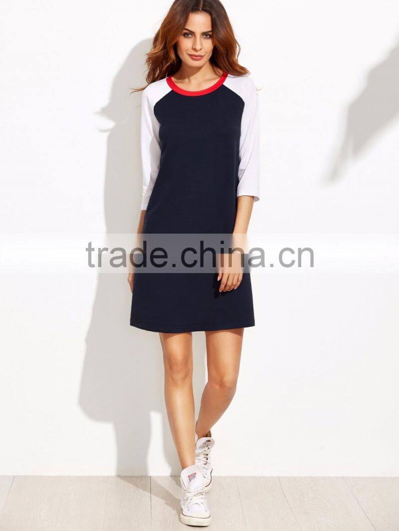 Navy Contrast Raglan Sleeve T shirt Dress 95% Cotton 5% Spandex Casual Plain Short Tee Dress