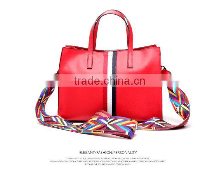 Top-Grade Simple Design Leather Hand Bags Color Straps Women Tote Handbag