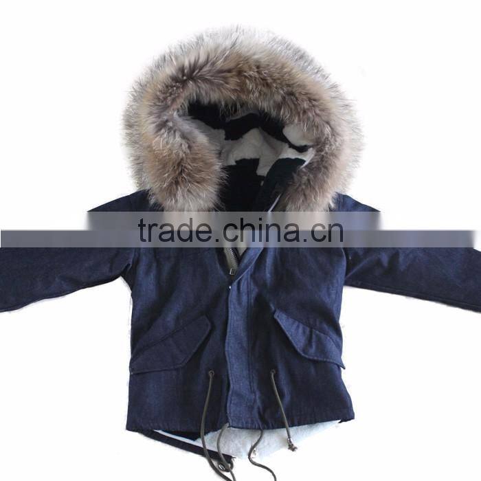 Myfur Latest Design Kids Jeans Parka With Sheep Shearing Fur Lining And Raccoon Fur Hooded Parka for Children