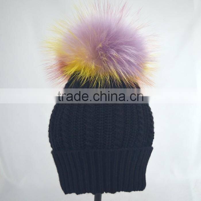 Myfur Rainbow Color Real Fur Pompom Woolen Knit Beanie Hat Wholesale
