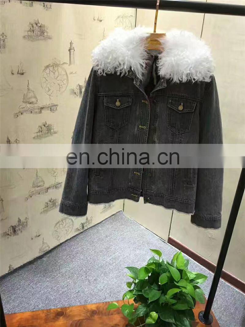2016 Top Fashion Real Lamb Fur Collar Denim Parka with Hood Women Fur