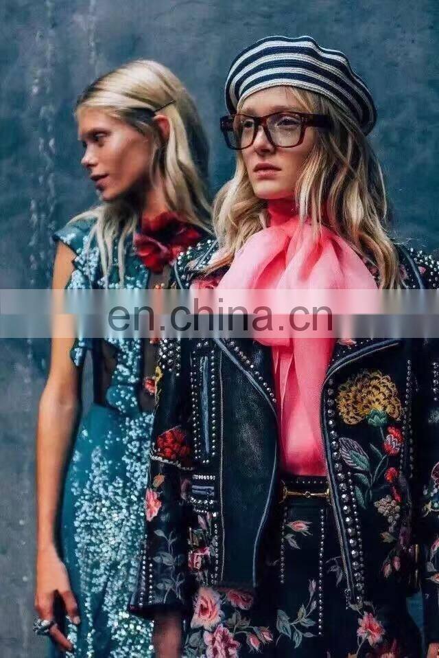 New Arrival Embroidery Leather Jacket for Women Real Motorcycle Leather Jacket