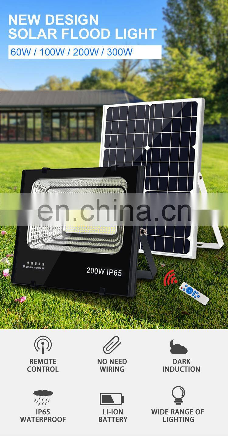 2020 new design only use mono. solar panel 40w 60w 100w 200w 300w ip65 outdoor with sensor solar led flood light