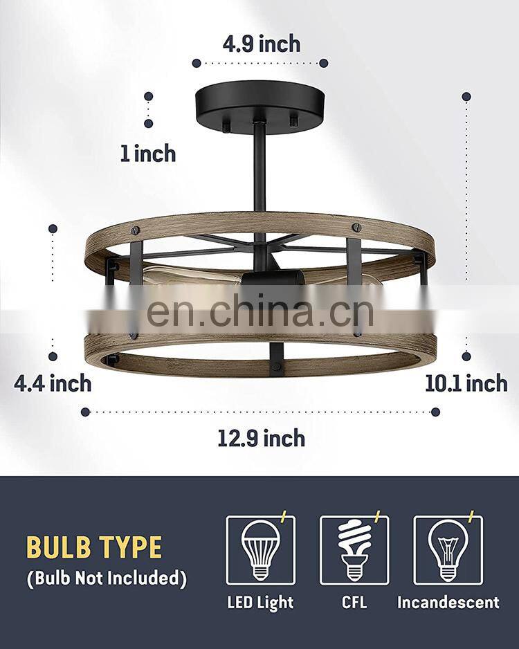 Farmhouse Flush Mount Ceiling Lighting Metal Cage Ceiling Light Close to Ceiling Lighting Wood and Matte Black Finish