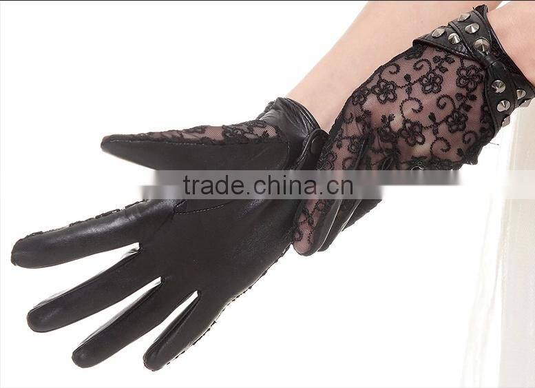 Black lace and leather gloves with rivet
