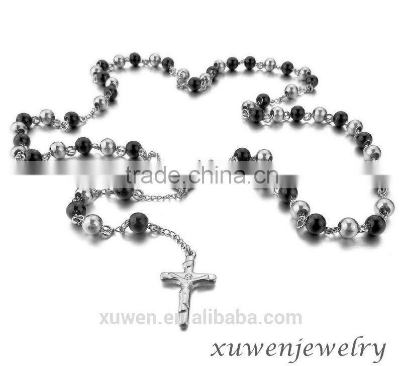 black plated stainless steel mens beaded necklaces with cross