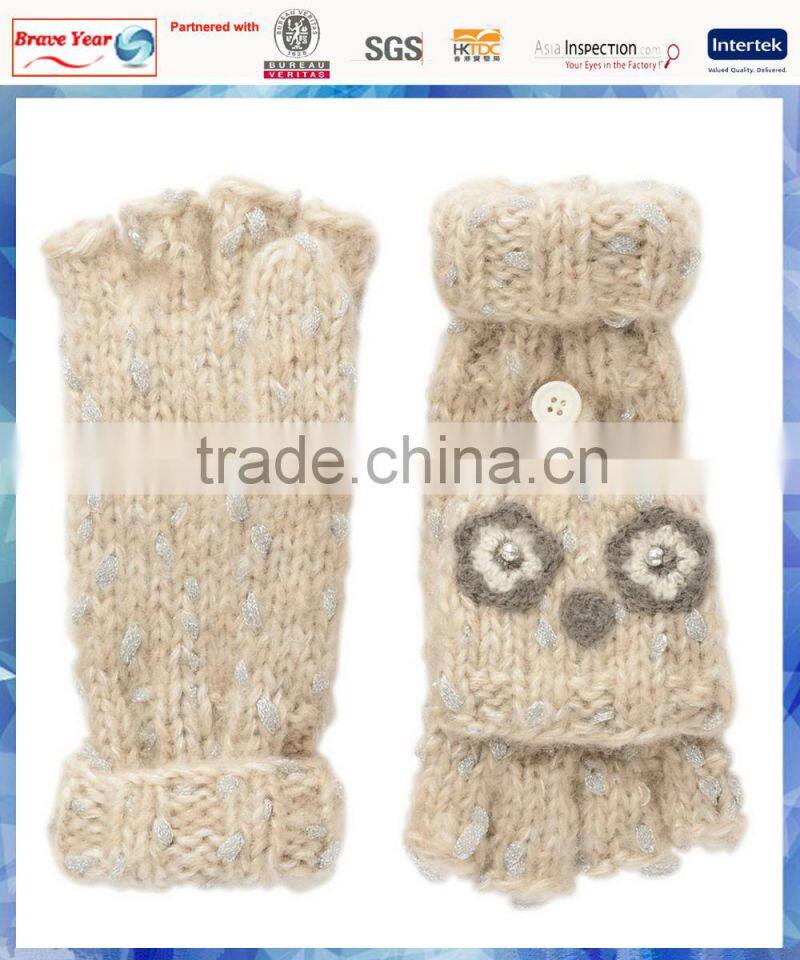 owl capped winter knitting half finger gloves for women